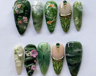 Handmade Jade Koi Pond Nature Press On Nails, 3D Art Floral Fantasy Nail Set