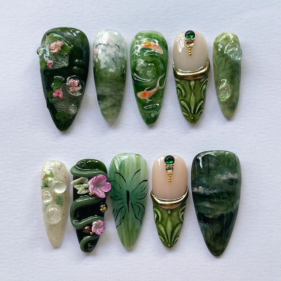Handmade Jade Koi Pond Nature Press On Nails, 3D Art Floral Fantasy Nail Set