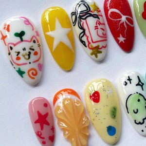 Cartoon Nails, Kawaii Nails, Pastel Nails, Unique Nails, Character Nails, Handmade Nails, Custom Nails, Fantasy Nails, Colorful Nails, Star Nails, 3D Charm Nails, Cute Nails, Artistic Nails, Cartoon Nails