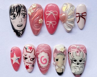 Hand Painted Anime Press On Nails, Cute Pink Japanese Nail Art, Kawaii Totoro Cartoon Nails, Custom Reusable Fake Nail, Manga Nail Set, Gift