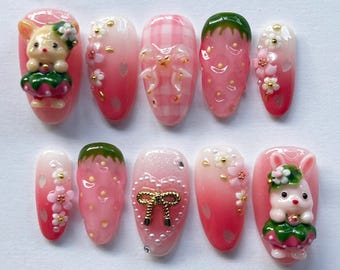 Romantic Almond Nail Set, Spring Nails, Strawberry Nails, Handmade Press On, 3D Fruit Press On Nails, Party Nails, Pink Nails, Summer Nails