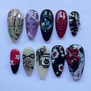 Handmade Gothic Press On Nails, Almond Nail Set with Cats, Flower, Nara, Anime Nails, Japanese Inspired Nails, Cartoon Nails, Birthday Nails