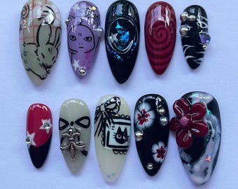 Handmade Gothic Press On Nails, Almond Nail Set with Cats, Flower, Nara, Anime Nails, Japanese Inspired Nails, Cartoon Nails, Birthday Nails