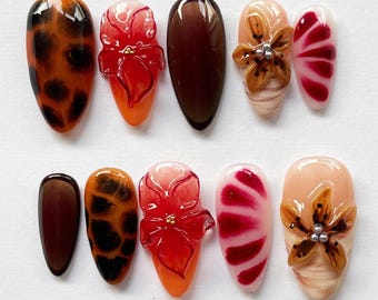 Almond Nail Set with Amber Color, Tortoise Shell Nails, Fall Press On Nails, Amber Flower Press On Nails, Trendy Nails, Autumn Nails, Gifts