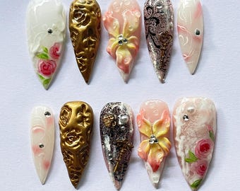 Handmade Vintage Rose Press On Nails with Gold Baroque Accents, 3D Floral Wedding Nails, Elegant Valentine Gift for Her, Custom Luxury Set
