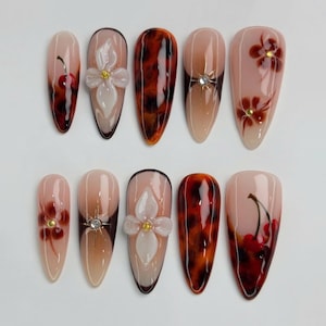 3D Flower Press On Nails, Long Almond Nail Set with Amber Color, Gems, Tortoise Shell Nails, Trendy Nails, Autumn Nails, Holiday/Party Nails