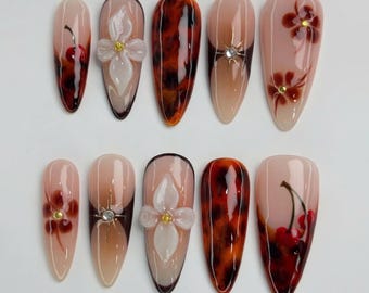 3D Flower Press On Nails, Long Almond Nail Set with Amber Color, Gems, Tortoise Shell Nails, Trendy Nails, Autumn Nails, Holiday/Party Nails