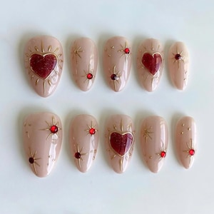 Hand-painted Red Heart Press On Nails, Pink Valentine Fake Acrylic Nails, Almond Nail Set with Heart, Gems, Trendy Nails, Valentine Nails.