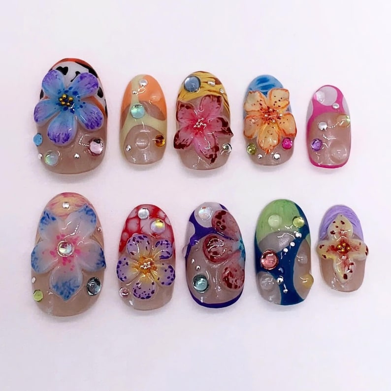 press on nail, fake nail, 3d gel nail, Almond nail, spring nails, 3D gel nails, Flower nails, floral nails, prom nails, holiday nail, vacation nail, acrylic press on, short press on nail