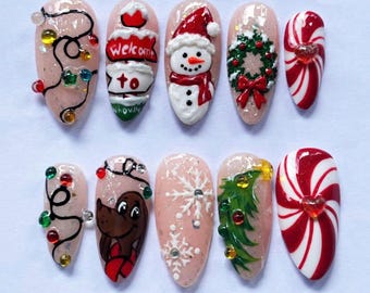 Unhas postiças de Natal, unhas postiças do Grinch, decoração de unhas natalinas, unhas de bengala de doce, unhas de Natal feitas à mão, conjunto de unhas de floco de neve de inverno, presente para ela