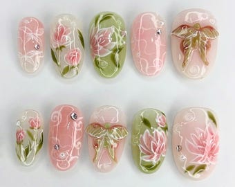 カスタム3Dピンクの蓮と妖精の羽の押し付けネイル、ハンドメイドの花柄