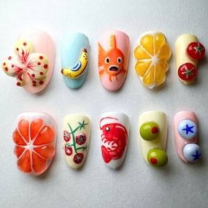 Handmade Party Press On Nails, Short Oval Nail Set, 3D Fruit Nail, Spring Nail, Colorful Nail, Summer Nails, Holiday/Party/Beach Nails, Gift