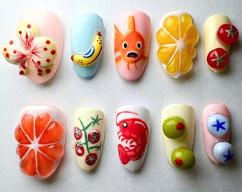 Unghie finte fatte a mano per feste, set di unghie ovali corte, unghie con frutta 3D, unghie primaverili, unghie colorate, unghie estive, unghie per feste/vacanze/spiaggia, regalo