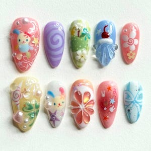 Fantasy Bear Press On Nails, Almond Nail Set with Teddy Bear, Fruit, Cartoon Nails, Pink Nails, Funny Nails, Party Nails, Summer Nails, Gift