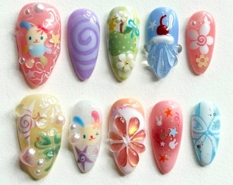 Fantasy Bear Press On Nails, Almond Nail Set with Teddy Bear, Fruit, Cartoon Nails, Pink Nails, Funny Nails, Party Nails, Summer Nails, Gift