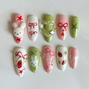 Handmade Cartoon Press On Nails, Almond Nail Set with Miffy, 3D Heart, Cute Nails, Funny Nails, Bunny Nails, Kawaii Nails, Valentine Nails