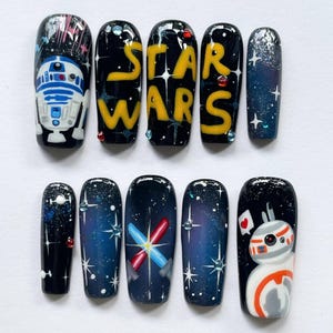Unique Star Wars Themed Nail Set with R2-D2, BB-8, Lightsabers & Cosmic Stars, Fantasy Nails, Trendy Cartoon Nails, Perfect for fans, Gifts.