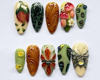 Forestcore Press On Nails with 3D Mushrooms, Beetle & 3D Orchid, Handmade Nature Inspired False Nails, Cottagecore Nail Set, Spring Nails.