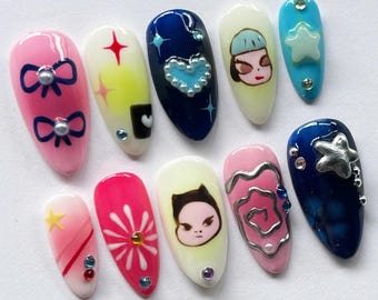 Unique Yoshitomo Nara Press on Nails, Handmade Japanese Fake Nail