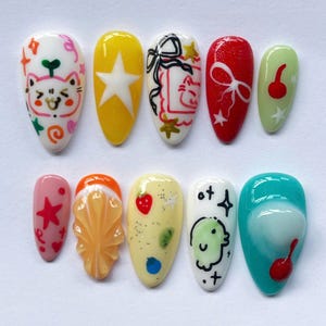 Cartoon Nails, Kawaii Nails, Pastel Nails, Unique Nails, Character Nails, Handmade Nails, Custom Nails, Fantasy Nails, Colorful Nails, Star Nails, 3D Charm Nails, Cute Nails, Artistic Nails, Cartoon Nails