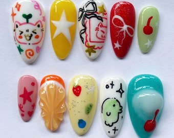 Fantasy Cat Press On Nails, Almond Nail Set with Miffy, Fish, Star, Cartoon Nails, Cute Nails, Funny Nails, Party Nails, Summer Nails, Gift.