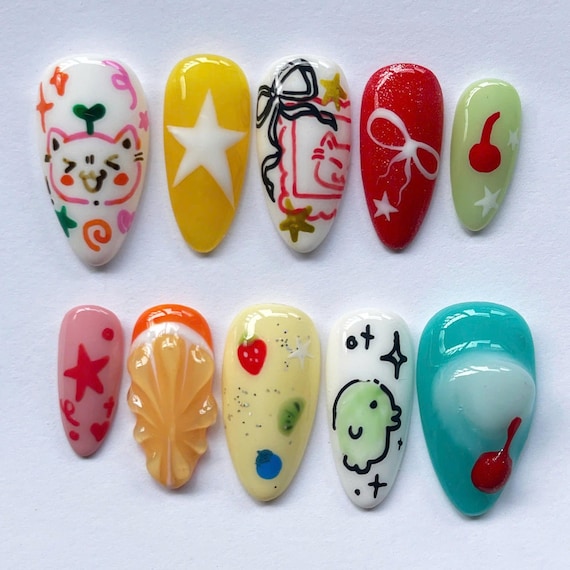 Fantasy Cat Press On Nails, Almond Nail Set with Miffy, Fish, Star, Cartoon Nails, Cute Nails, Funny Nails, Party Nails, Summer Nails, Gift.