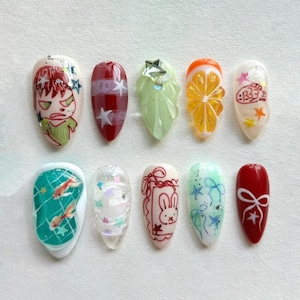Ongles à presser dessin animé fait main, ensemble d&#39;ongles en amande avec miffy, poisson, fruit, ongles mignons, ongles rigolos, ongles de lapin, ongles d&#39;été, ongles fantaisie