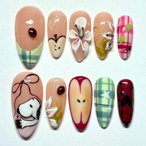 Cute Cartoon Press On Nails, Hand-Painted Long Almond Nail Set with Apple, Ladybug & Floral, Reusable Fake Nails for Fun, Unique Style, Gift