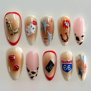 Custom Western Cowboy Press On Nail, Route 66 Vegas Dice Poker Themed Nail Art, Retro Rodeo Cow Print Nail Set for Unique Style, Casino Nail