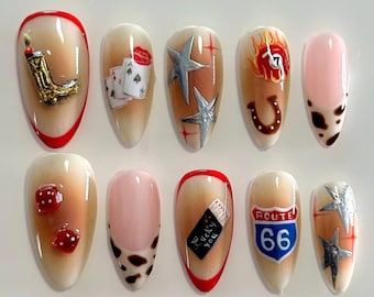 Uñas postizas personalizadas de vaquero occidental, diseño de dados de póker de la Ruta 66 de Las Vegas, juego de uñas con estampado de vaca de rodeo retro para un estilo único, uñas de casino