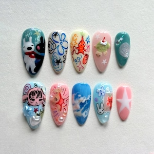 Custom Gaspa & Lisa Press On Nails, Funkytown Almond Nail Set, Cartoon Nail, Colorful Nails, Cute Nails, Artistic Nails, Fantasy Nails, Gift