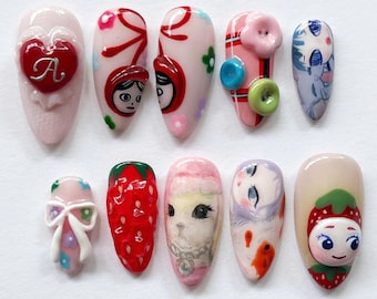 Kawaii Strawberry Doll Press On Nails, Pastel Art Quirky Handmade Unique Set, Cartoon Nails