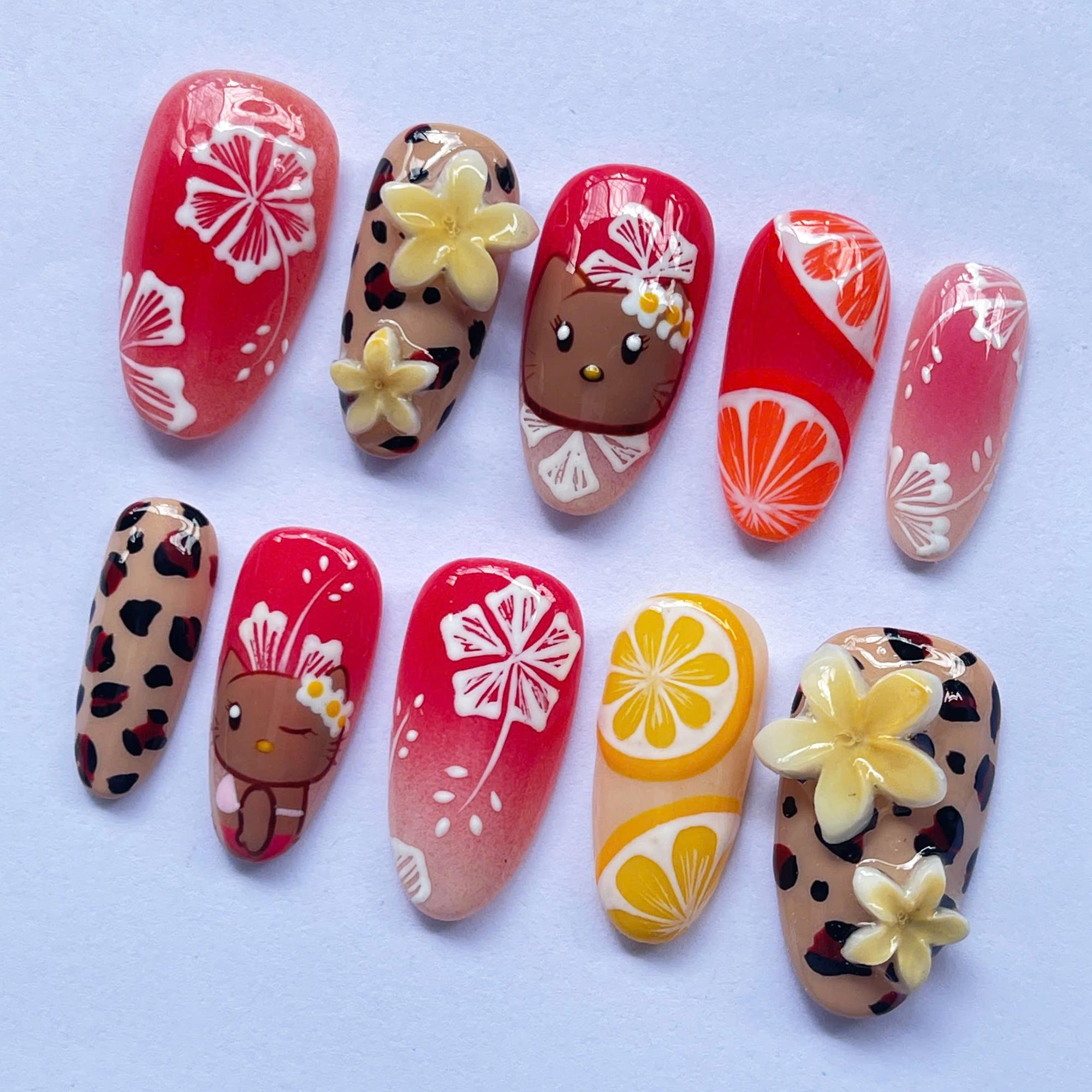 Handmade Fantasy Press on Nails With Hello Kitty, Citrus Fruit