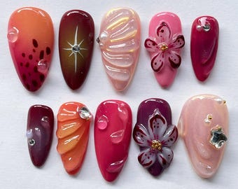 Handmade 3D Flower Press On Nails, Summer Nails, Dreamy nails, Almond Nail Set, Spring Nails, Custom Fake Acrylic Nails, Holiday/Party Nails