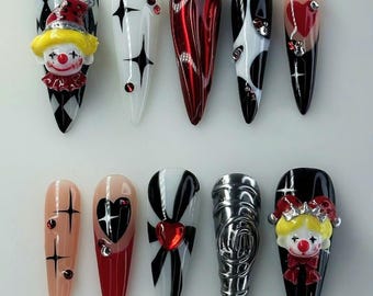 Handmade Clown Press On Nails, 3D Harlequin Fake Nails, Halloween Nails, Gothic Circus Nail Art, Unique Cosplay Nail Set, Cute Gift for Her.