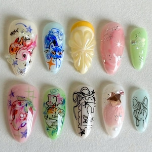 Uñas hechas a mano con ilustraciones extravagantes de peces, gatos, uñas de gato hambriento, uñas de dibujos animados, uñas lindas, uñas divertidas, uñas de fantasía.