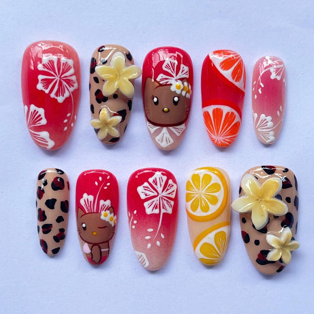 Handmade Fantasy Press on Nails With Hello Kitty, Citrus Fruit