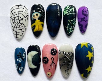 Halloween Fake Nails Set, Whimscal Spooky Press On Nails with Spider Web, Moon, Stars, Ghost, Creepy Cute Designs, Coraline Inspired Nails.