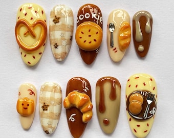 Bäckerei Cookie Press On Nails, Mandel Nägel, Handgemachte 3D Croissant Nail Art, Süßes Frühstück Thema False Nails, Einzigartiges Geschenk für Kaffeeliebhaber.