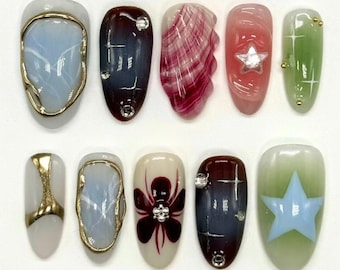 Hand-painted Flower Press On Nails, Summer Nails, Dreamy nails, Almond Nail Set with Seashell, Star, Custom Fake Acrylic Nails, Holiday Nail