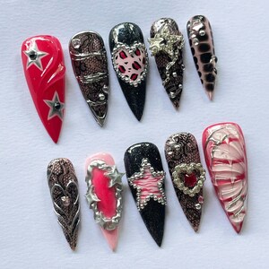 Glam Rock Y2K Press On Nails with Stars & Hearts, Pink Black Coquette Nails, Handmade 3D Chrome Nail Set, Long Luxury Press Ons Gift for Her image 2