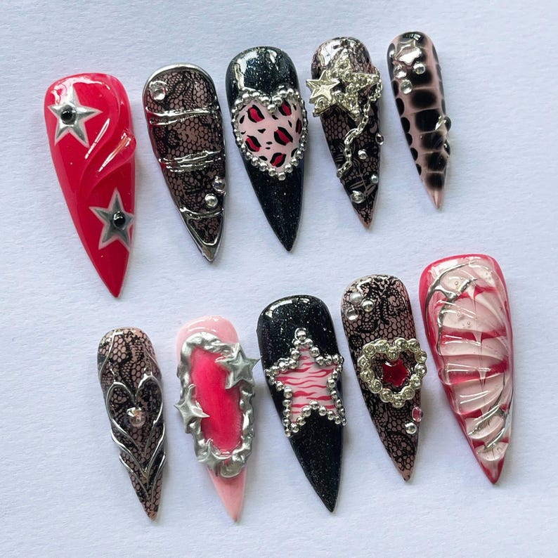 Glam Rock Y2K Press On Nails with Stars & Hearts, Pink Black Coquette Nails, Handmade 3D Chrome Nail Set, Long Luxury Press Ons Gift for Her image 2