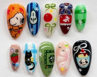Whimsical Hand-painted Press On Nails, Almond Nails With Cute Characters, Dog, Cats, Anime Nails, Kawaii Nails, Cartoon Nails, Fantasy Nails