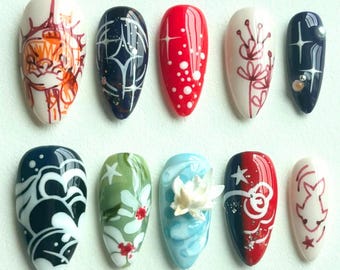 Custom Fantasy Press On Nails with Celestial, Floral & Character, Abstract Nails, Unique 3D Cosmic Nail Art for Magical Anime-Inspired Looks