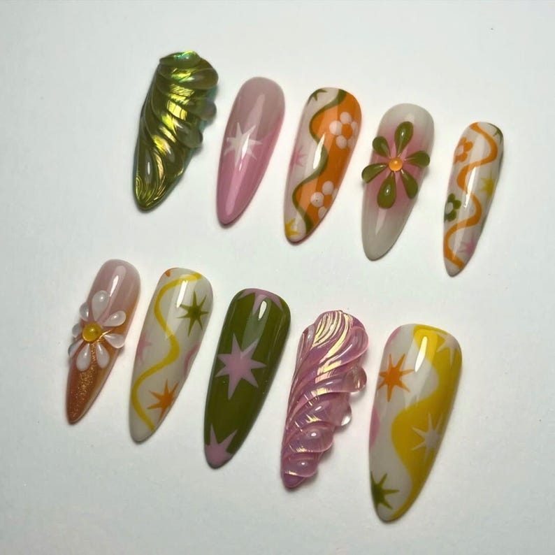 free style nails, butterfly nails, fairycore nails, fairy tail, dreamy nails, wedding nails, long almond nail, press on nails, acrylic press on, 3d gel nail, holiday nails, flower nails, spring nails