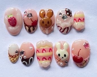 Uñas postizas con diseño de conejito y fresa, diseño de postre de helado en 3D, uñas postizas kawaii hechas a mano, juego de uñas de cumpleaños, regalo para ella.