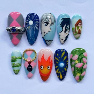Hand-painted Howl’s Moving Castle Inspired Press On Nails, Anime Art Nails, Studio Ghibli Cosplay Almond Nail Set, Unique Gift for Fans.