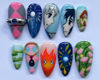 Ongles peints à la main inspirés du château émouvant de Howl, ongles artistiques anime, ensemble d'ongles en amande cosplay studio Ghibli, cadeau unique pour les fans.