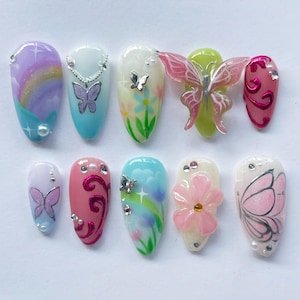 Hand-painted Butterfly Fairy Press On Nails, Medium Almond Fake Nail Set, Spring Nails, Colorful Nails, Artistic Nails, Fantasy Nails, Gifts