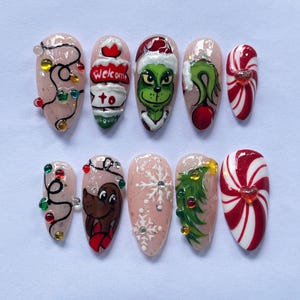 Christmas Press On Nails, Grinch Fake Nail, Holiday Nail Art, Candy Cane Nails, Handmade Xmas Nails, Winter Snowflake Nail Set, Gift for her